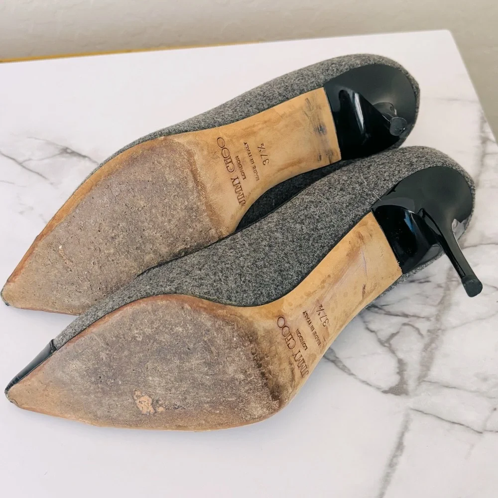 Jimmy‎ Choo Flannel Wool Patent Leather Cap Toe Pumps Size 7.5 US Gray Black
